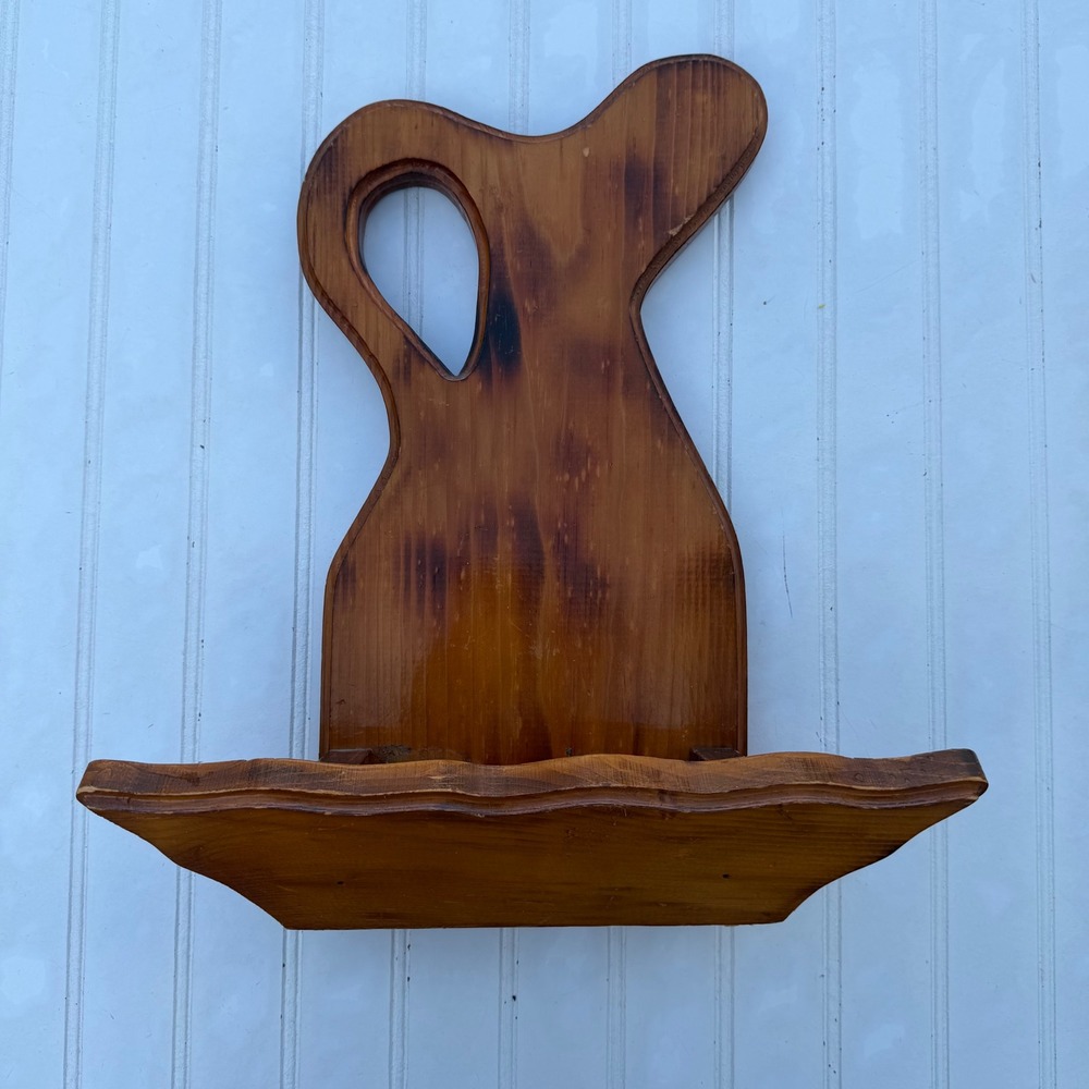 Vintage Rustic Wooden Pitcher Wall pocket Shelf planter Scalloped Farmhouse